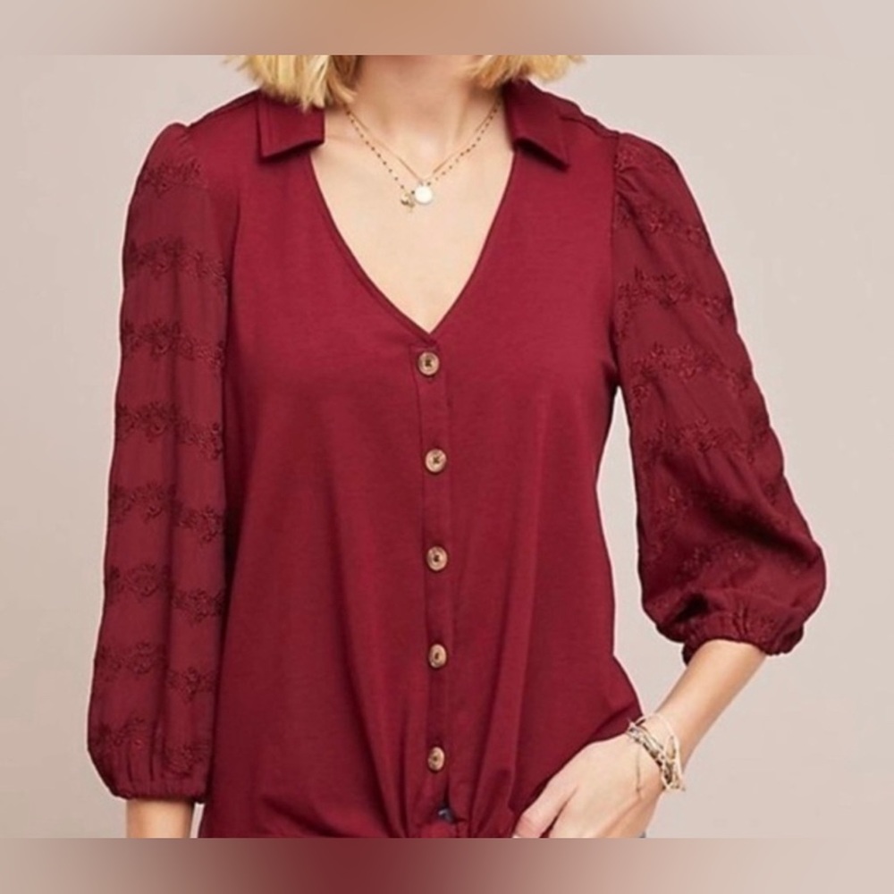 Anthropologie Burgundy Button-Front V-Neck Blouse